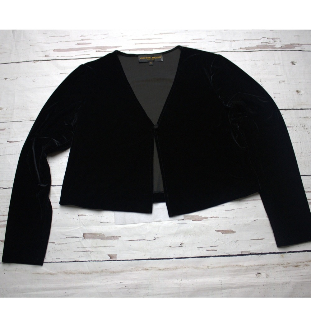 Donna Ricco Velvet Cropped Bolero Jacket Black Size 8 Made in USA